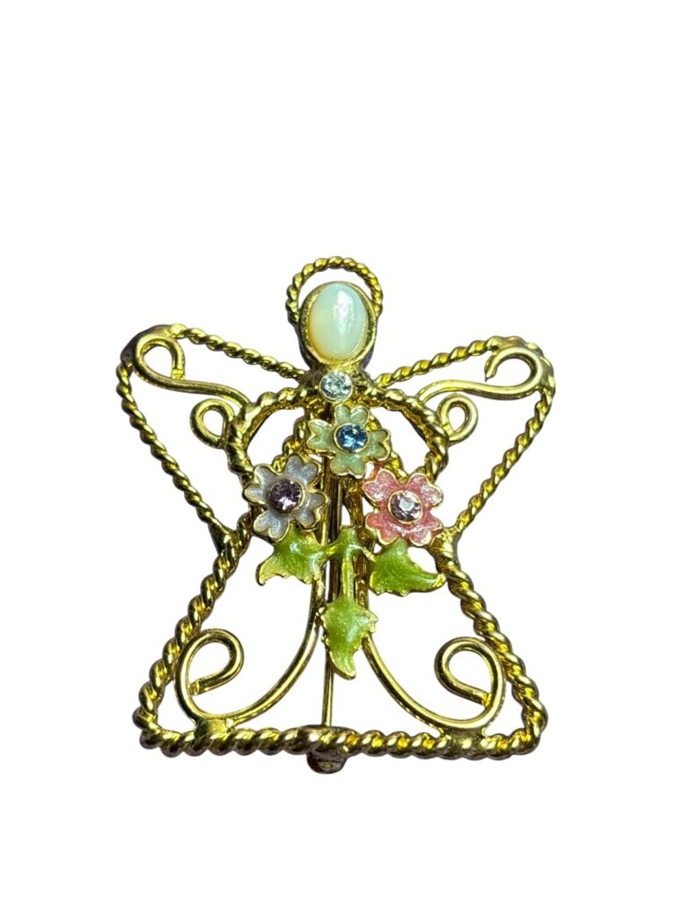 Vintage Goldtone Angel Brooch Pin White Cat's Eye Enamel Flowers Rhinestones